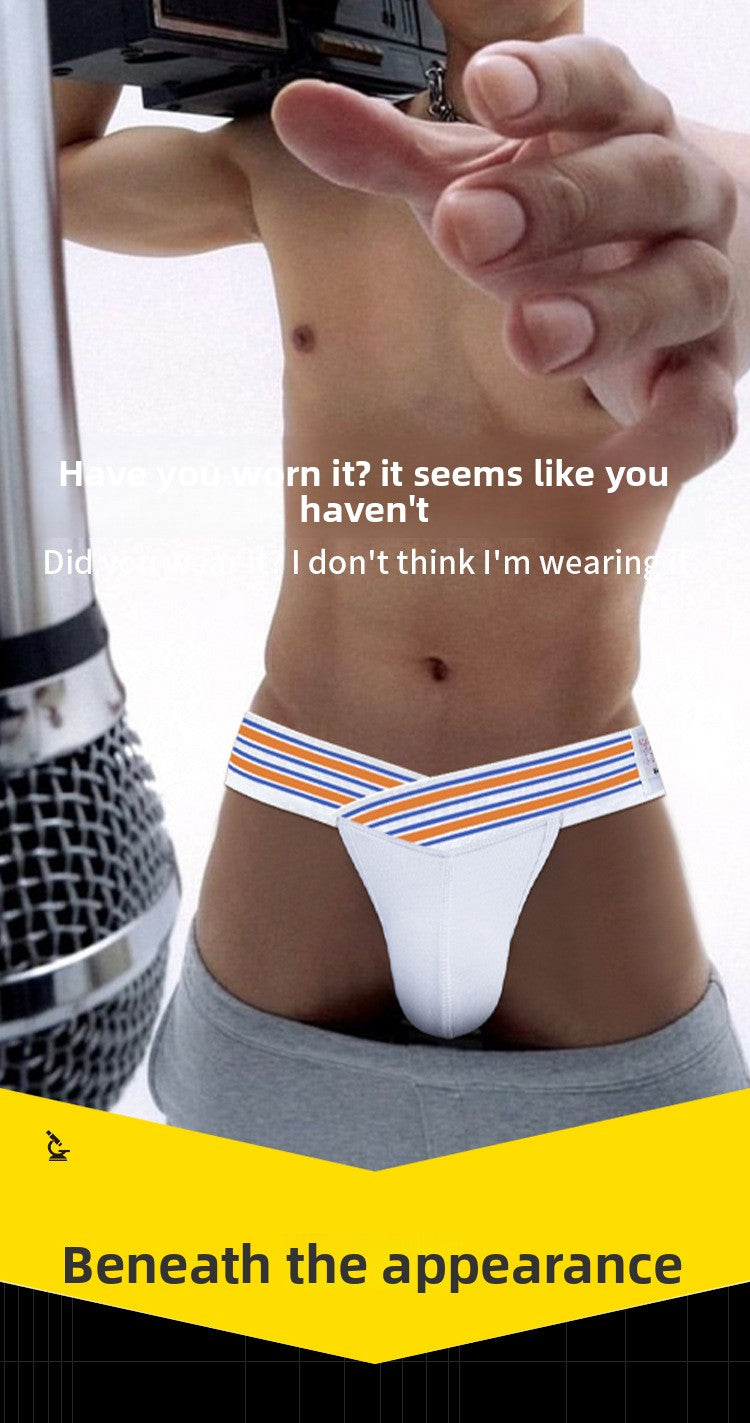 METOIN Men's High Waist Low Rise Athletic Thong Underwear with Bold Striped Waistband Breathable Stretch Fabric (AD750)