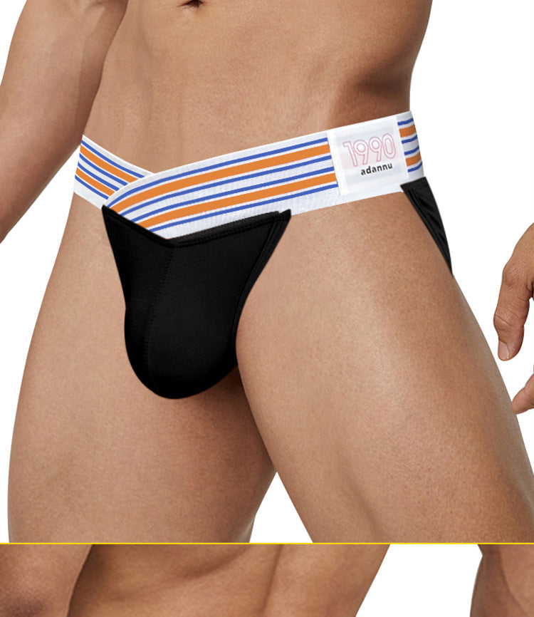 METOIN Men's High Waist Low Rise Athletic Thong Underwear with Bold Striped Waistband Breathable Stretch Fabric (AD750)