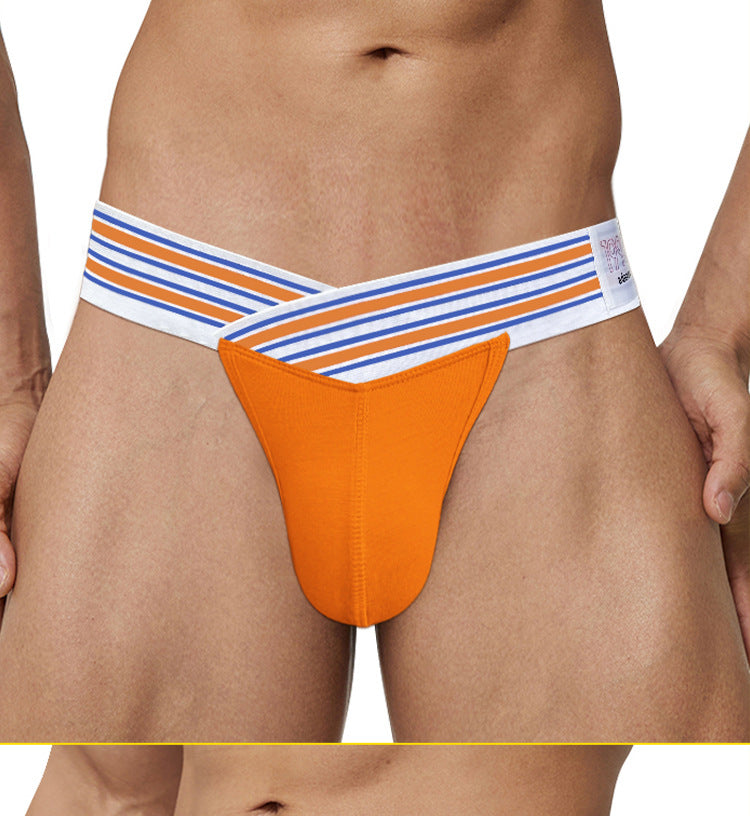 METOIN Men's High Waist Low Rise Athletic Thong Underwear with Bold Striped Waistband Breathable Stretch Fabric (AD750)