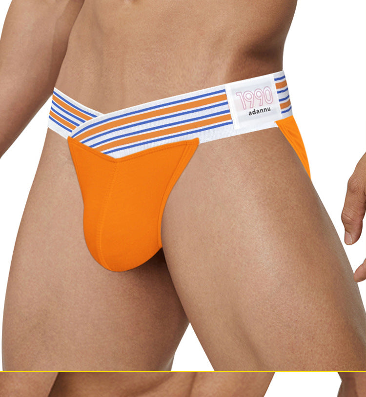 METOIN Men's High Waist Low Rise Athletic Thong Underwear with Bold Striped Waistband Breathable Stretch Fabric (AD750)