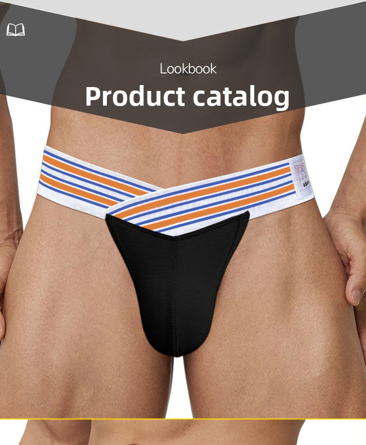 METOIN Men's High Waist Low Rise Athletic Thong Underwear with Bold Striped Waistband Breathable Stretch Fabric (AD750)
