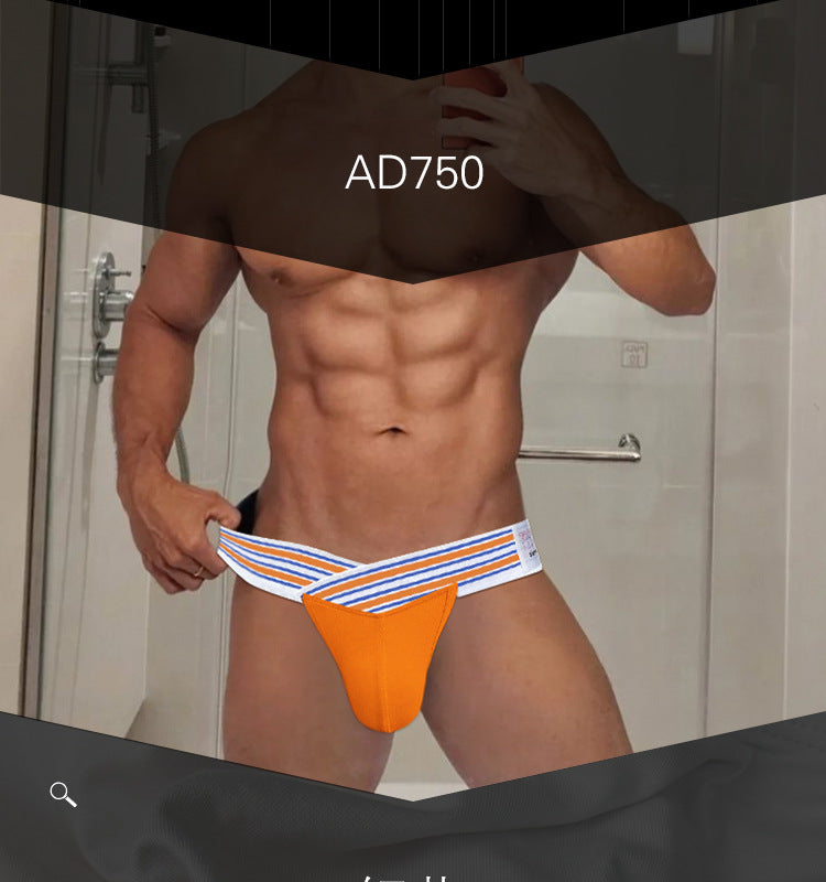 METOIN Men's High Waist Low Rise Athletic Thong Underwear with Bold Striped Waistband Breathable Stretch Fabric (AD750)