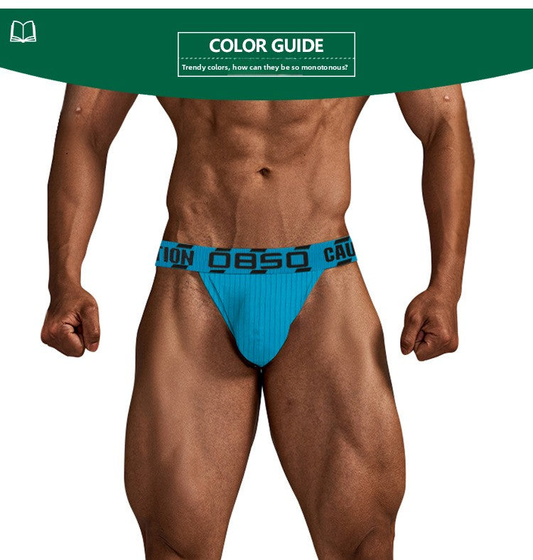 METOIN Men's Athletic High Waist High Leg Thong Briefs Ribbed Solid Color Breathable Cotton Blend Underwear