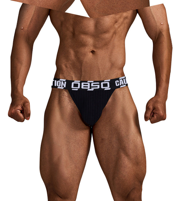 METOIN Men's Athletic High Waist High Leg Thong Briefs Ribbed Solid Color Breathable Cotton Blend Underwear