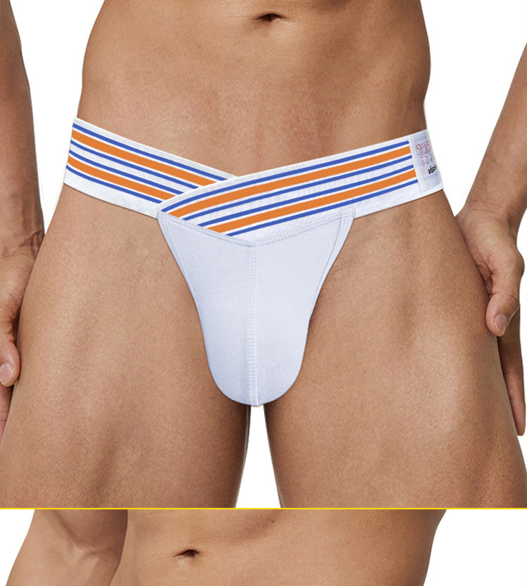 METOIN Men's High Waist Low Rise Athletic Thong Underwear with Bold Striped Waistband Breathable Stretch Fabric (AD750)