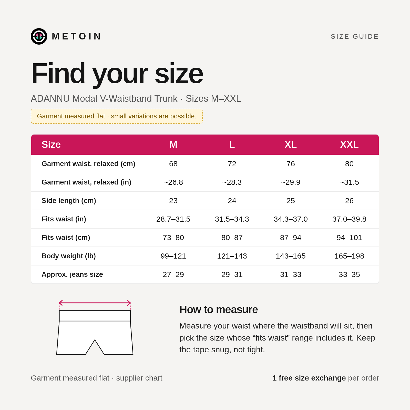 METOIN shop size guide card for the ADANNU Modal V-Waistband Trunk, sizes M to XXL
